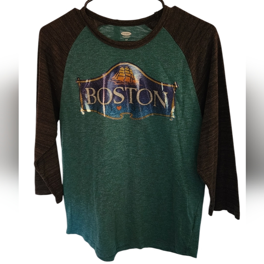 I love you Boston - 1970s NOS glitter transfer on raglan ringer baseball tee S